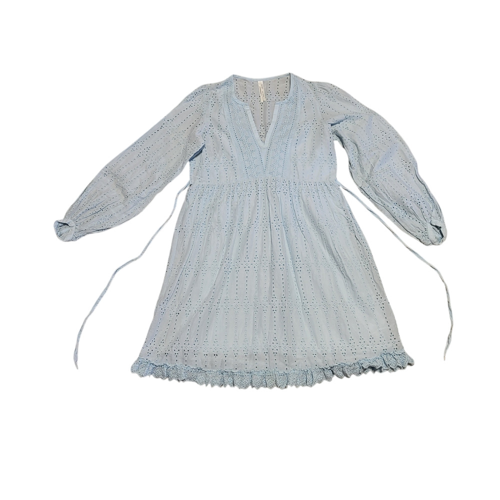 Anthropologie light blue seersucker midi length dress with long sleeves, size 2